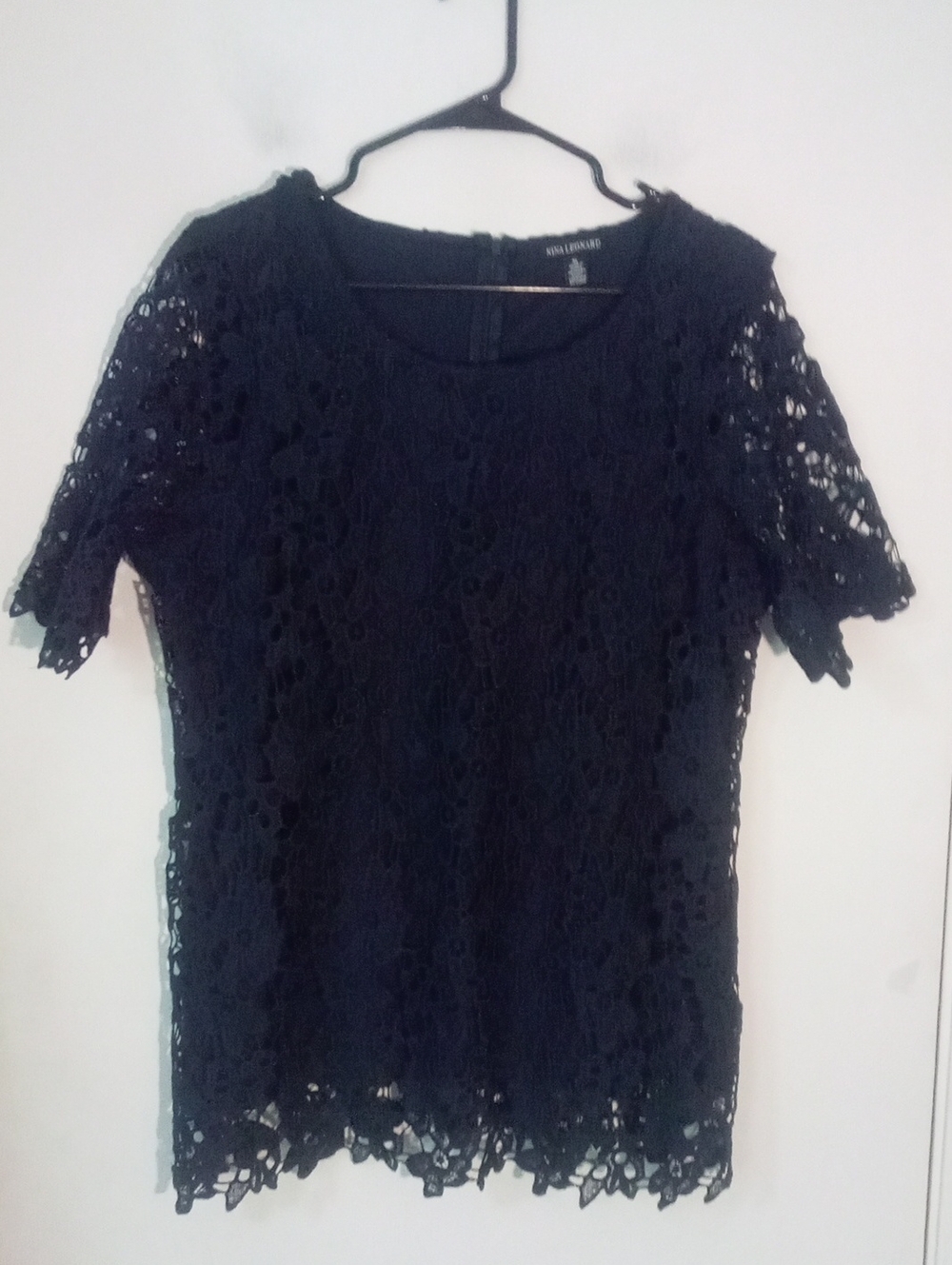 Nina Leonard Black Floral Lace Short-Sleeve Top XL New NWOT Evening